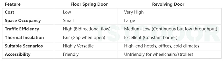 Comparison between floor spring door and revolving door